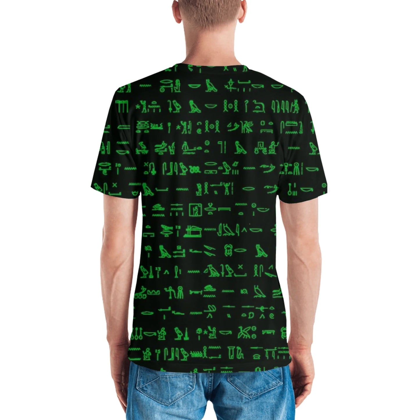 All-Over Print Men's Crew Neck T-Shirt | Classic Egyptian Black Pattern & Custom Cartouche