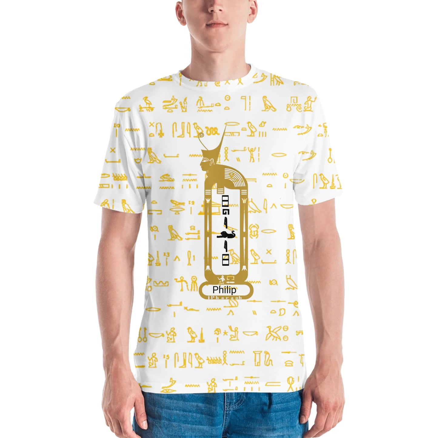 All-Over Print Men's Crew Neck T-Shirt | Classic Egyptian Pattern & Custom Cartouche
