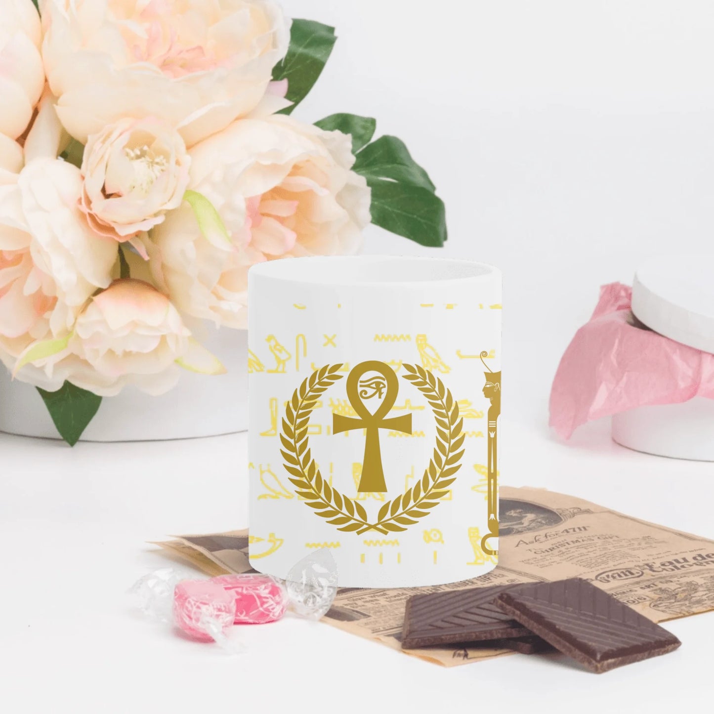 White Glossy Mug | Custom Egyptian Hieroglyph Newborn Blessing