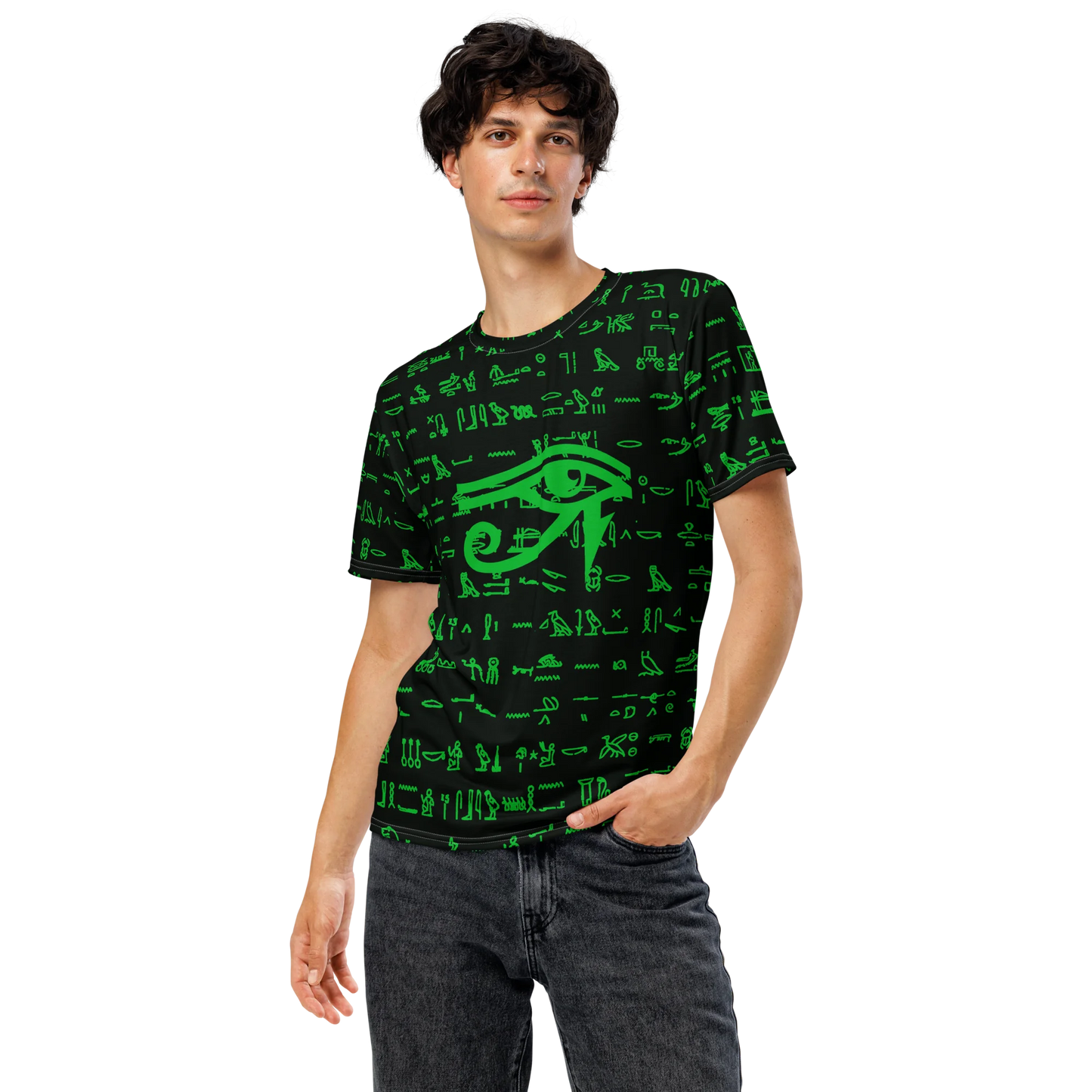 All-Over Print Men's Crew Neck T-Shirt | Classic Egyptian Black Pattern & Custom Cartouche