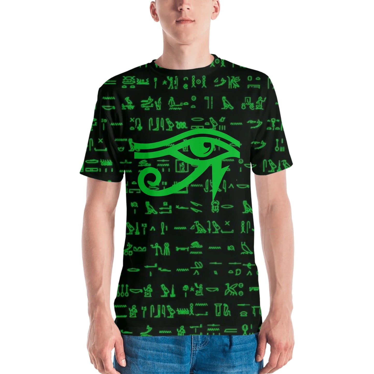 All-Over Print Men's Crew Neck T-Shirt | Classic Egyptian Black Pattern & Custom Cartouche
