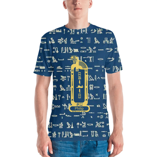 All-Over Print Men's Crew Neck T-Shirt | Classic Egyptian Black Pattern & Custom Cartouche | Neon Sunshine Bliss