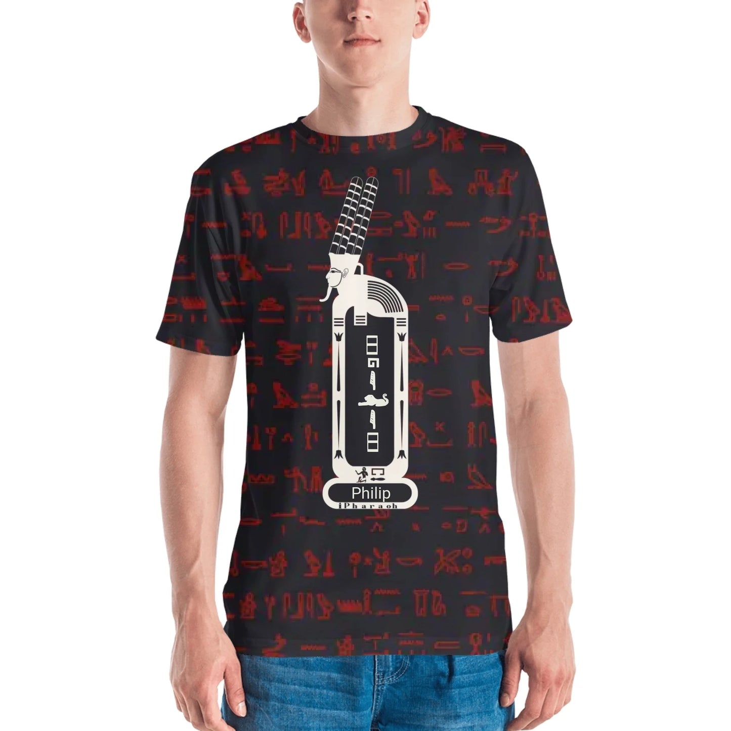 All-Over Print Men's Crew Neck T-Shirt | Classic Egyptian Black Pattern & Custom Cartouche | Mystical Fairy Tale