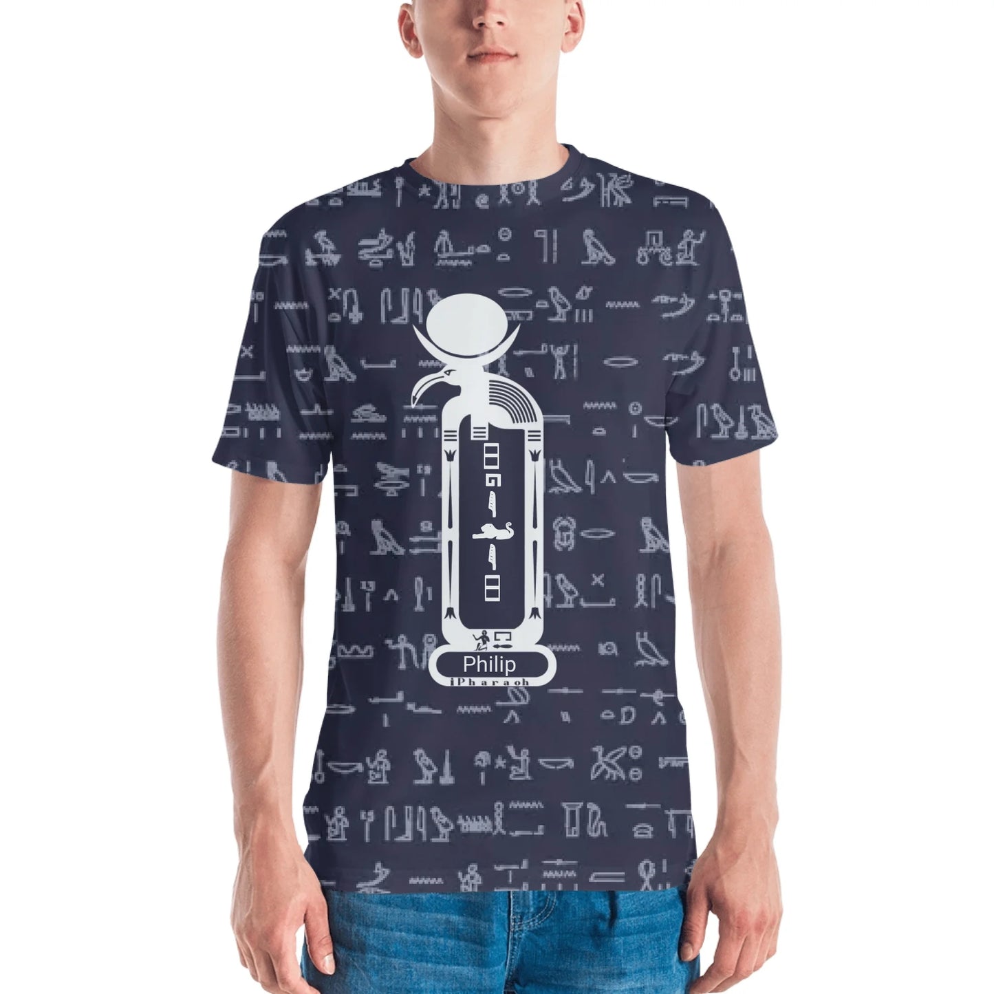 All-Over Print Men's Crew Neck T-Shirt | Classic Egyptian Black Pattern & Custom Cartouche | Moonlit Ocean