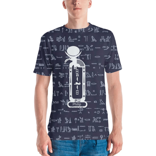 All-Over Print Men's Crew Neck T-Shirt | Classic Egyptian Black Pattern & Custom Cartouche | Moonlit Ocean
