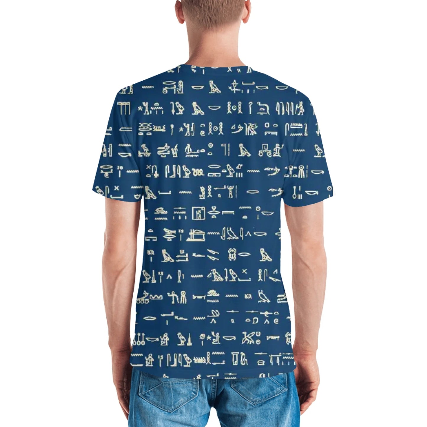 All-Over Print Men's Crew Neck T-Shirt | Classic Egyptian Black Pattern & Custom Cartouche | Neon Sunshine Bliss