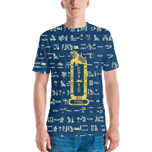All-Over Print Men's Crew Neck T-Shirt | Classic Egyptian Black Pattern & Custom Cartouche | Neon Sunshine Bliss