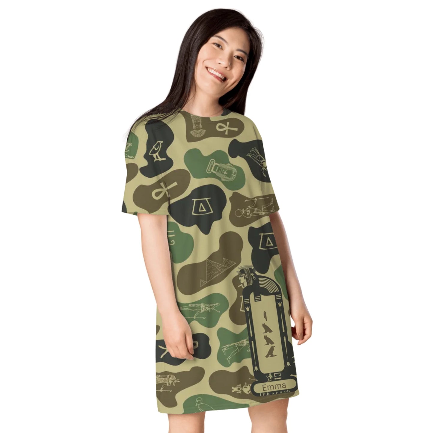Custom Name T-Shirt Dress – Personalized Camouflage Print Dress - Olive Drab