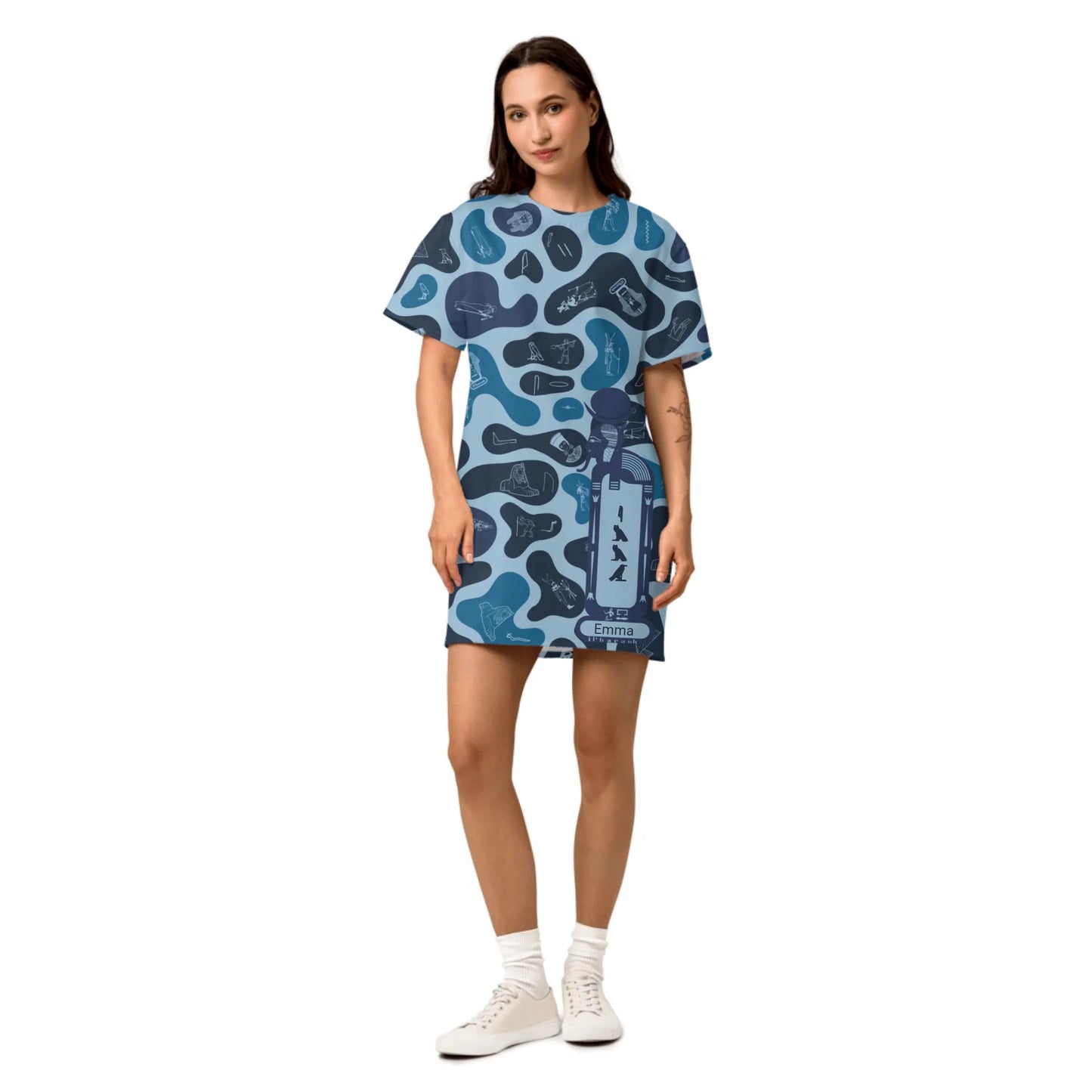 Custom Name T-Shirt Cotton Dress – Personalized Camouflage Print Dress | Deep Ocean