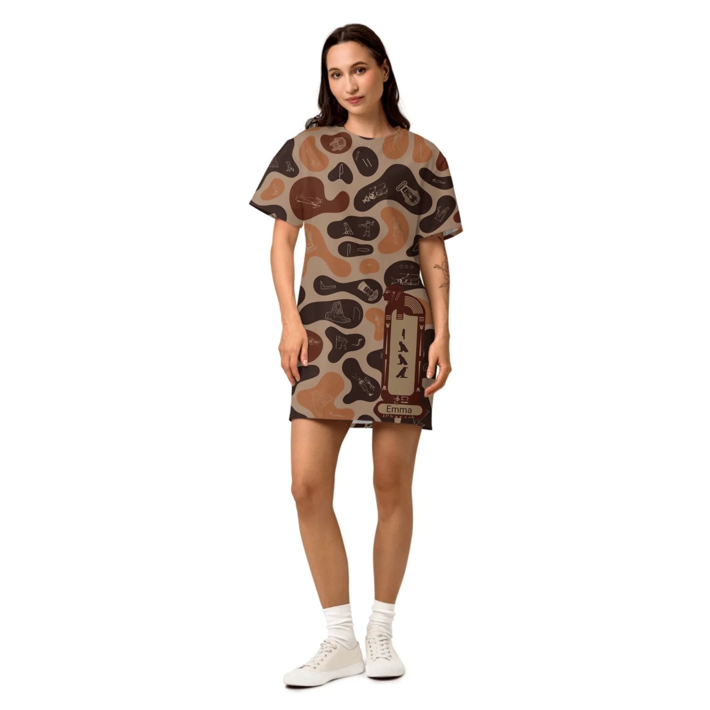 Custom Name T-Shirt Cotton Dress – Personalized Camouflage Print Dress | Burnt Sand