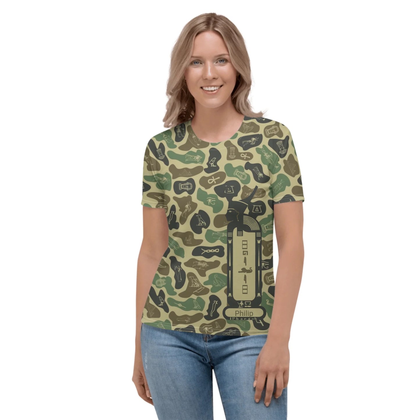 Personalized All-Over Print Women's Crew Neck T-Shirt | Subtle Camo | Olive Drab