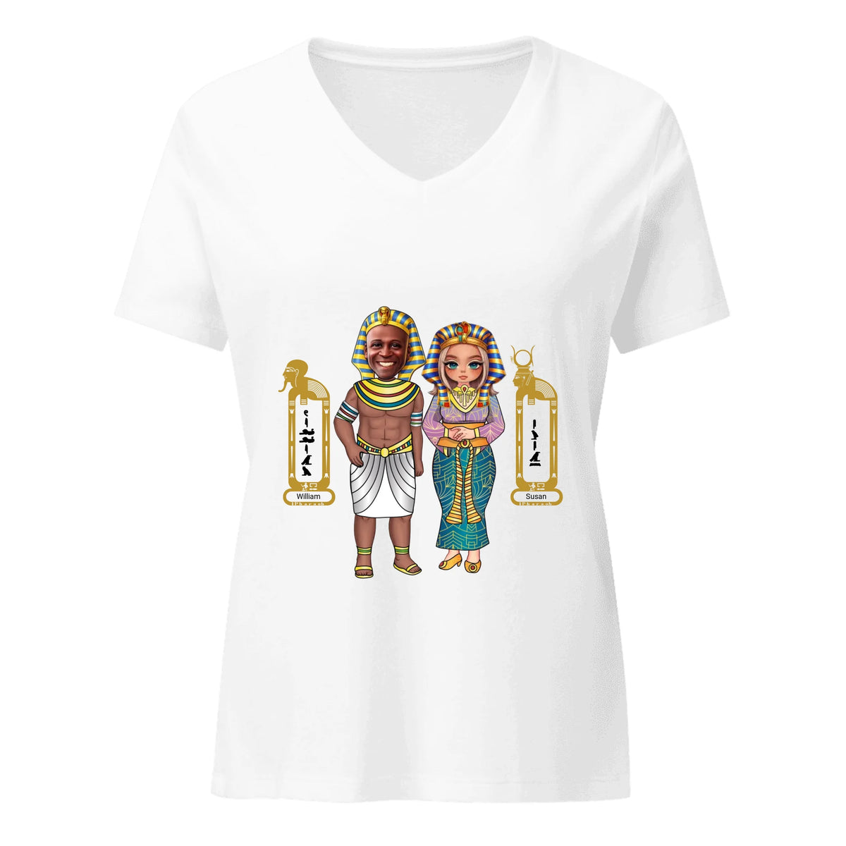 Personalized Couple Cartoon Portrait Shirt | Custom Photo Chibi Art with Names | Women's Relaxed V-Neck