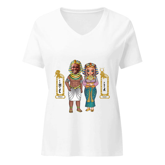 Personalized Couple Cartoon Portrait Shirt | Custom Photo Chibi Art with Names | Women's Relaxed V-Neck
