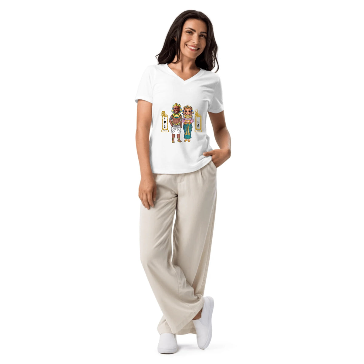 Personalized Couple Cartoon Portrait Shirt | Custom Photo Chibi Art with Names | Women's Relaxed V-Neck