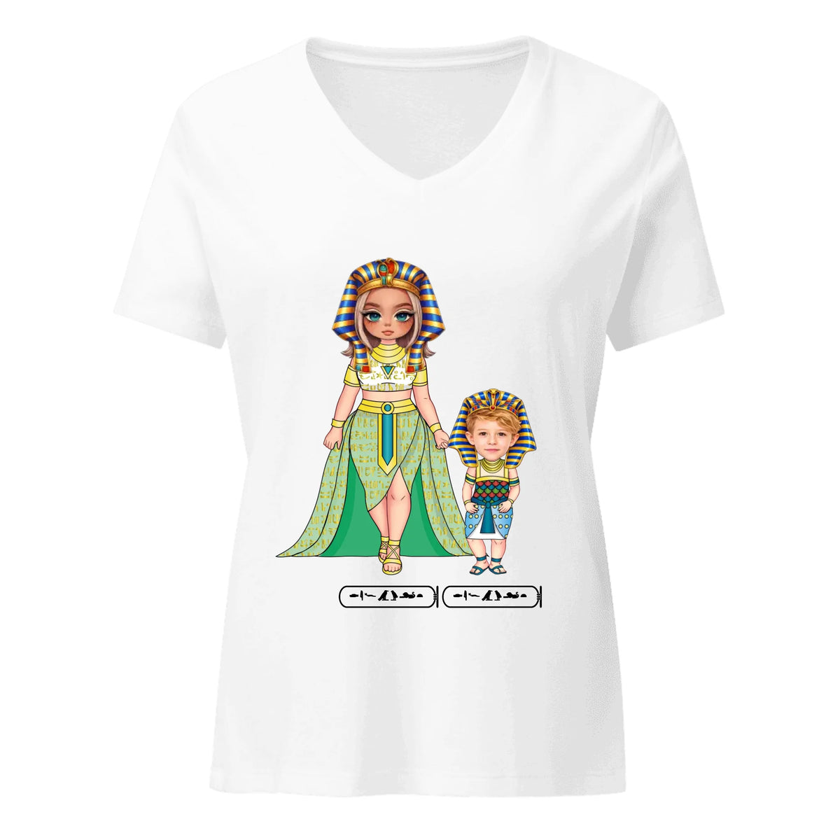 Custom Family Chibi Portrait Shirt | Personalized Mom and Kids Photo Cartoon with Names | Women's V-Neck T-Shirt