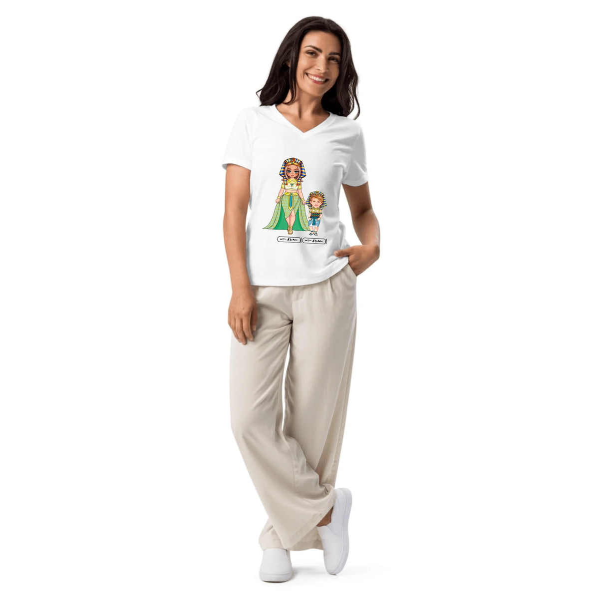Custom Family Chibi Portrait Shirt | Personalized Mom and Kids Photo Cartoon with Names | Women's V-Neck T-Shirt