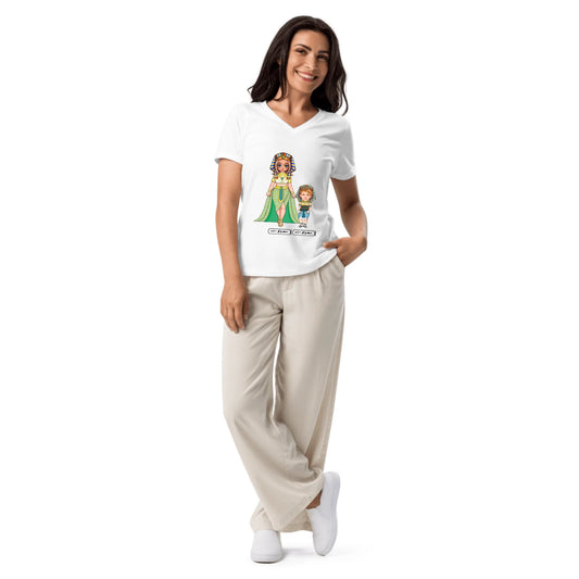 Custom Family Chibi Portrait Shirt | Personalized Mom and Kids Photo Cartoon with Names | Women's V-Neck T-Shirt
