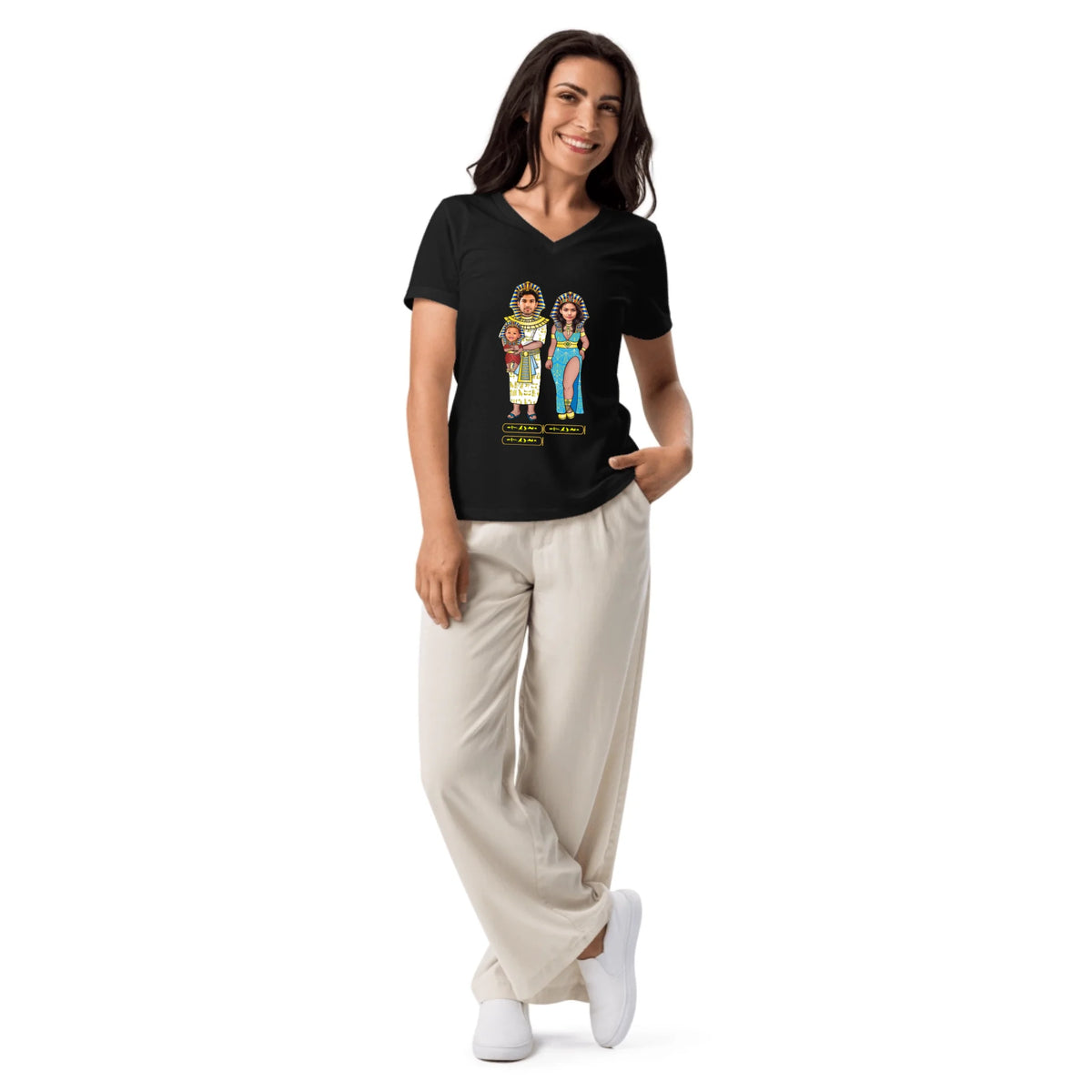 New Baby Gift | Custom New Parents Chibi Family Portrait with Photo Upload and Names | Women's V-Neck