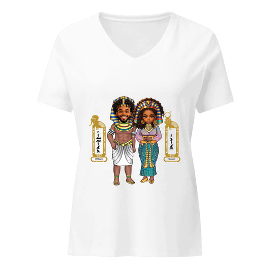 Personalized Couple Cartoon Portrait Shirt | Custom Photo Chibi Art with Names | Women's Relaxed V-Neck