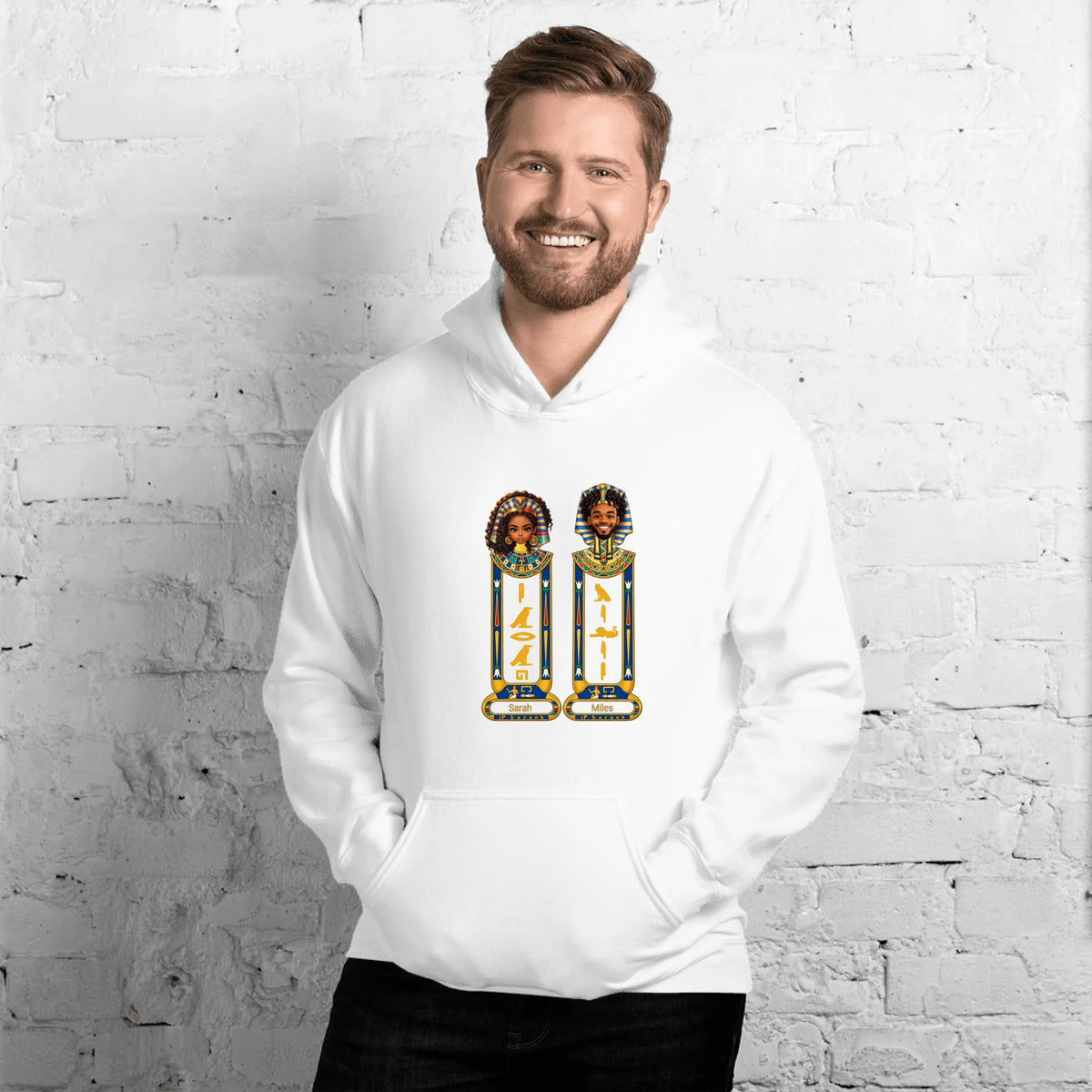 His and hers Egyptian cartouche portrait couple hoodie, white