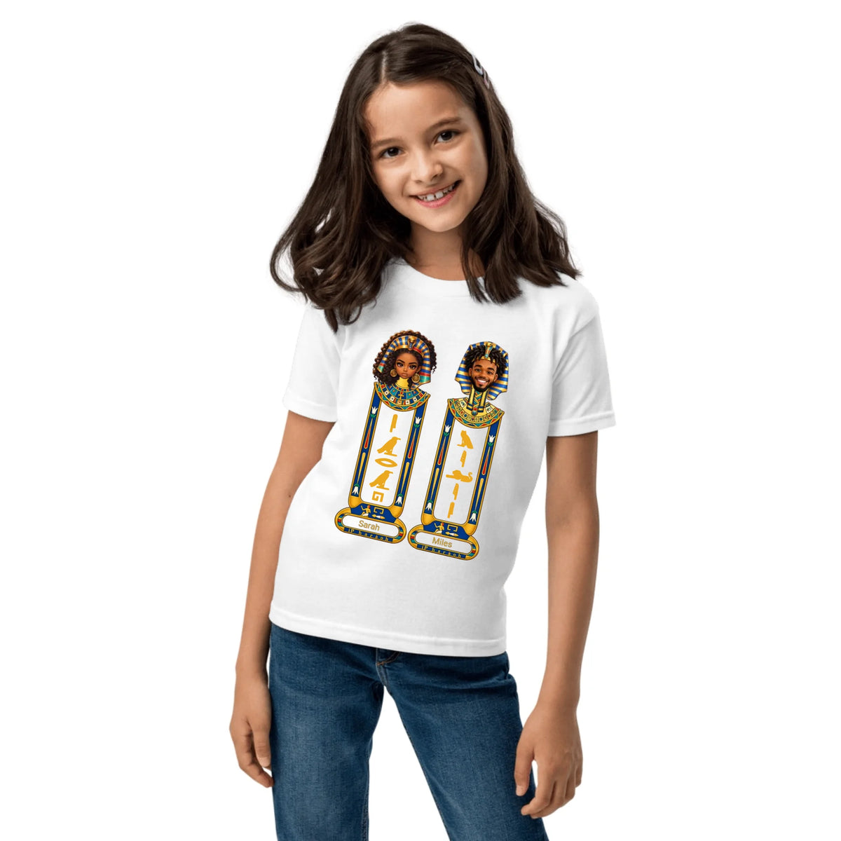 Custom name cartouche kids couple shirt, front and back
