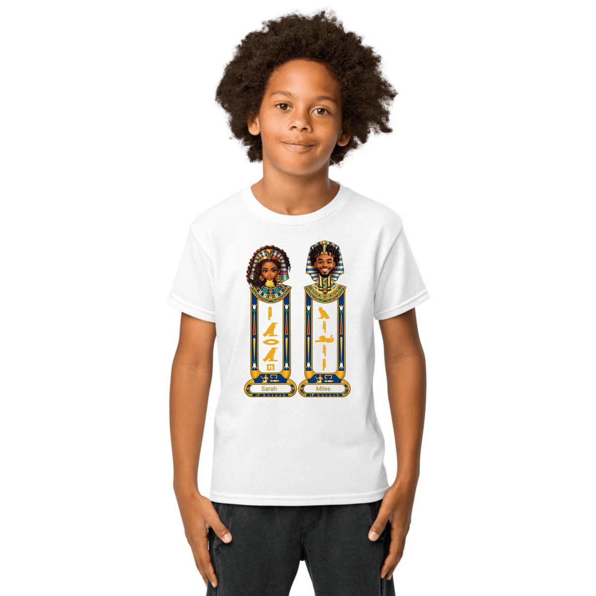 Matching chibi cartoon youth tee with uploaded photos, black