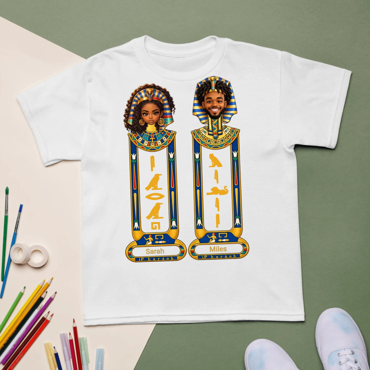 Kids Egyptian cartouche portrait couple shirts, white