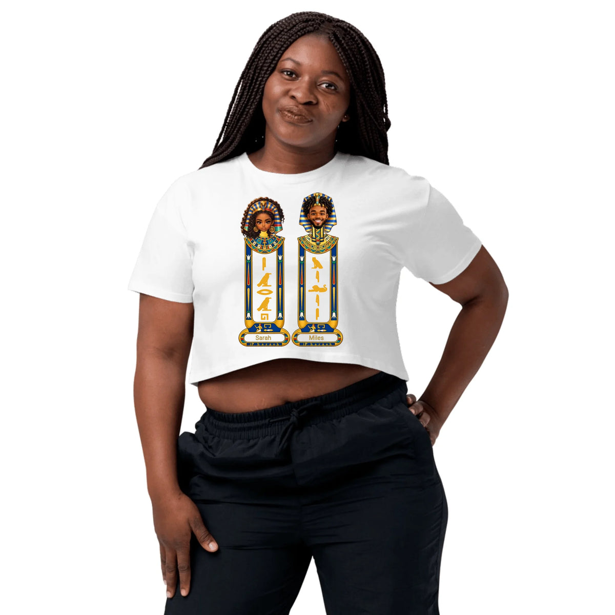 His and hers Egyptian cartouche portrait couple crop top, white