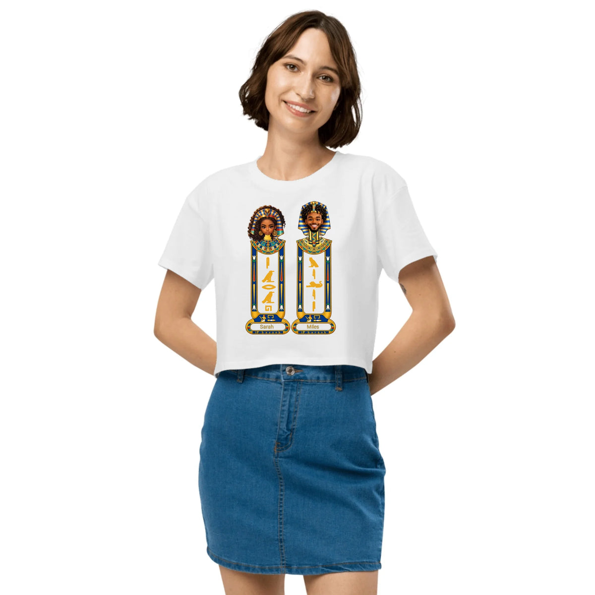 Custom name cartouche matching crop tops, front and back