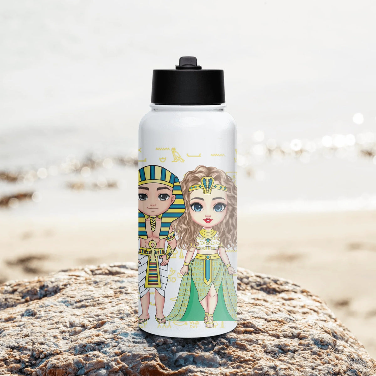 Personalized Couple's Chibi Water Bottle with Straw Lid, Christmas Gift for Couples, Custom Your Name Insulated Bottle