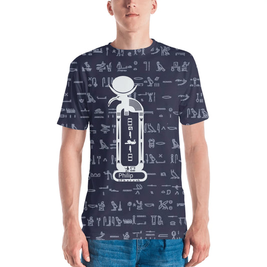 Men's crew neck t-shirt with an all-over custom name and photo print, personalised gift for him