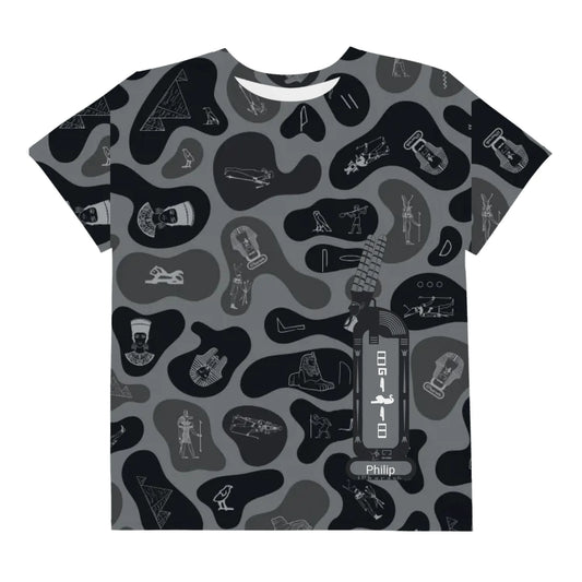 Youth crew neck t-shirt with an all-over custom name and photo print, personalised kids gift