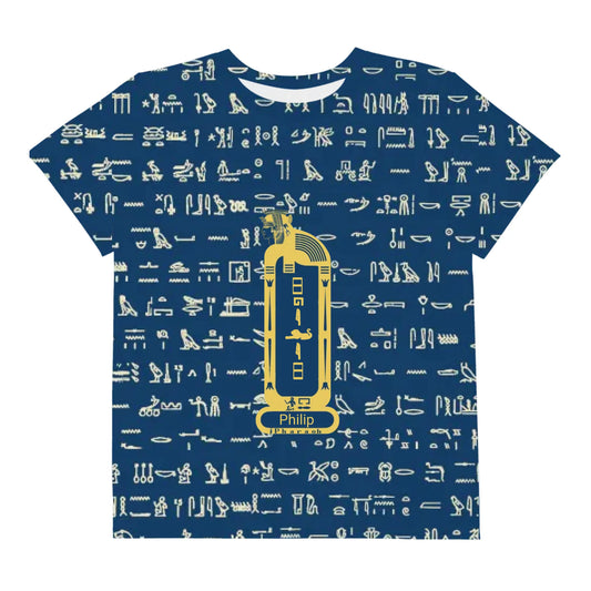 Youth crew neck t-shirt with an all-over custom name and photo print, personalised kids gift