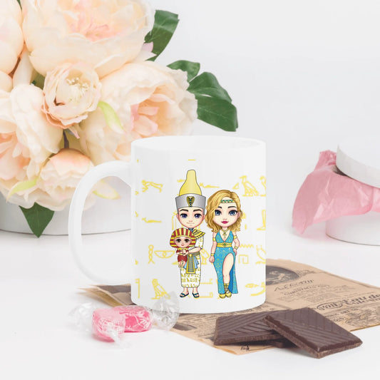 White glossy coffee mug printed with a custom name and photo, personalised gift for her and him